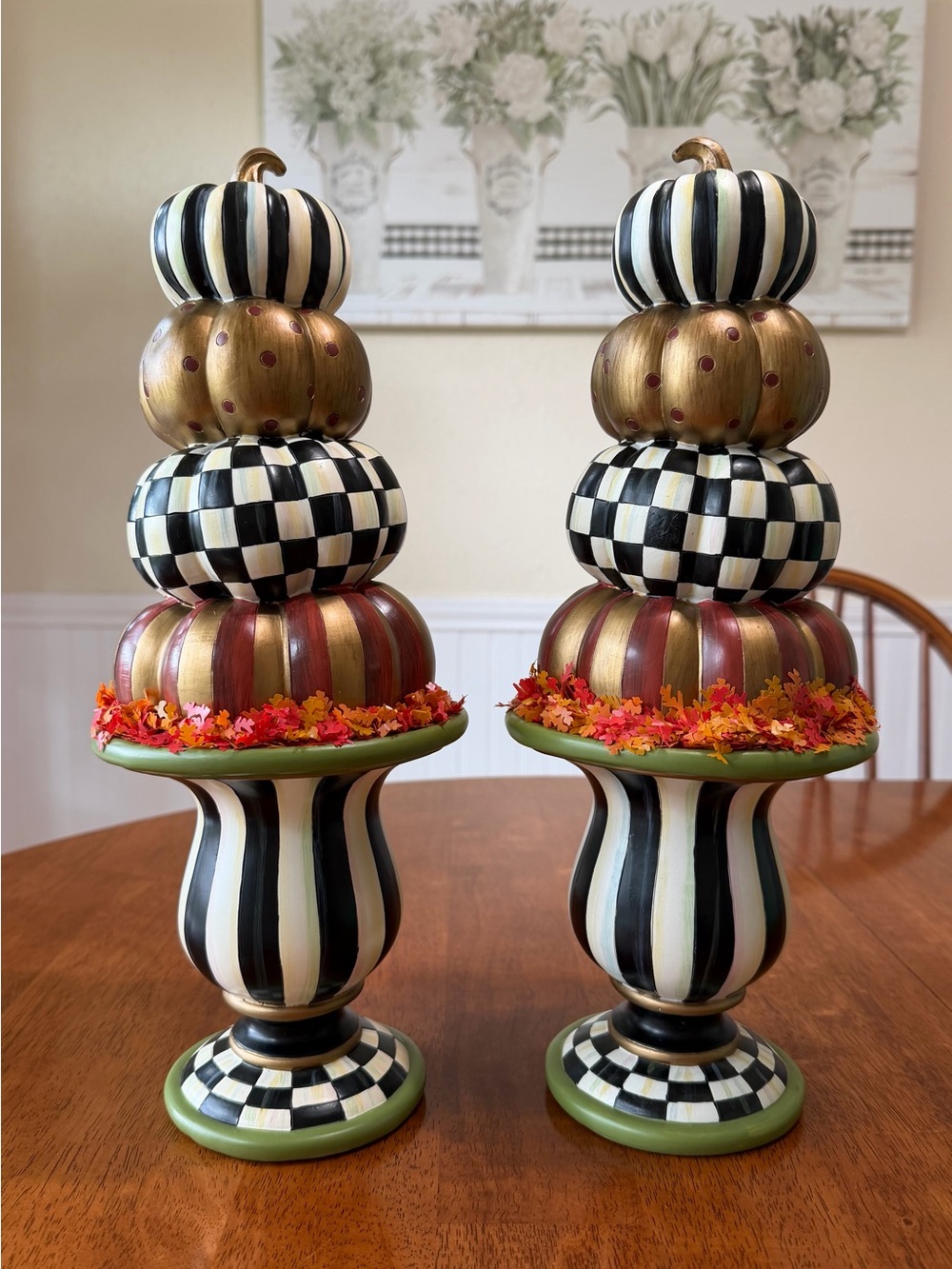 Mackenzie-Childs Tabletop Stacking Pumpkins (2) Courtly Check & Stripe